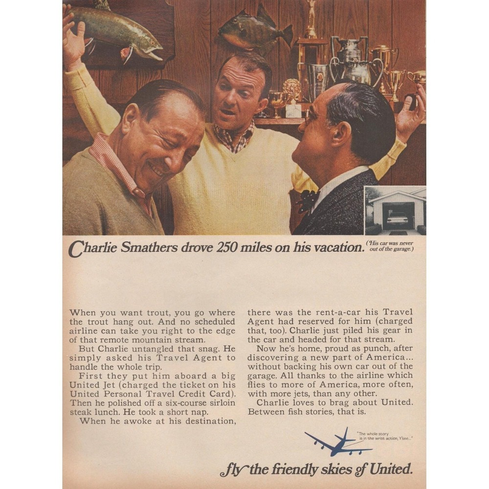 1967‎ United Airlines Vintage Print Ad Fly The Friendly Skies Travel Fish Story